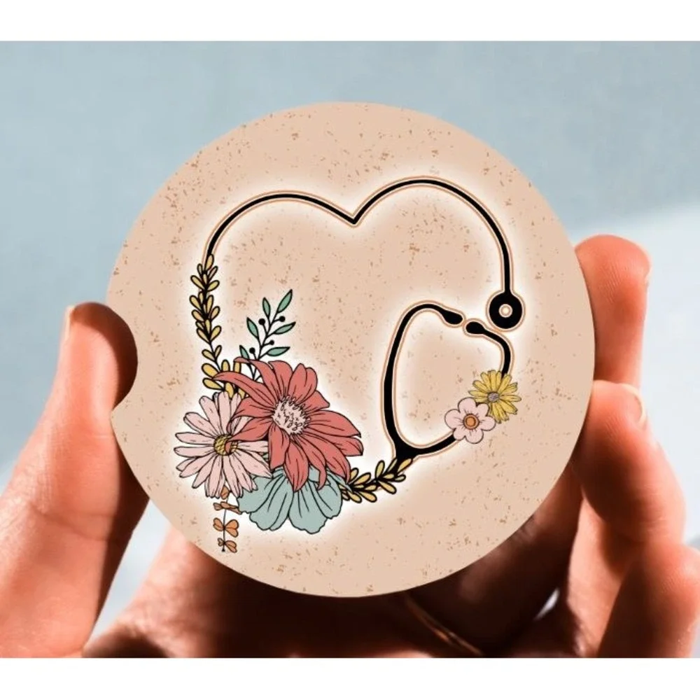 Set of 2 Car Coasters, Stethoscope‎ Heart Car Coaster, Neoprene Car Coaster